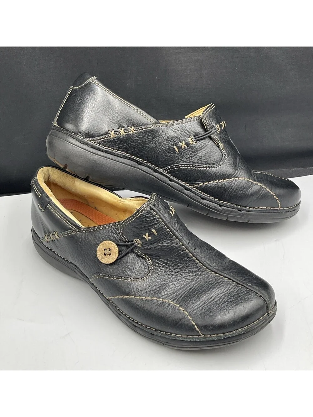 Clarks Un Loop Unstructured Loafers Womens Size 8M Black Leather Comfort Shoes